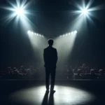 Imposter Syndrom: Es zeigt eine Person allein auf einer Bühne im Spotlight, unsicher in die Menge blickend
